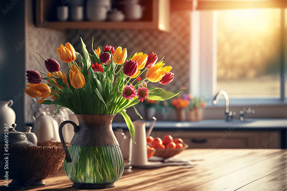 A vase of tulips on a wooden table in an kitchen full of sunshine. Bright kitchen interior background. Spring mood. Ai generated - obrazy, fototapety, plakaty 