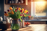 A vase of tulips on a wooden table in an kitchen full of sunshine. Bright kitchen interior background. Spring mood. Ai generated