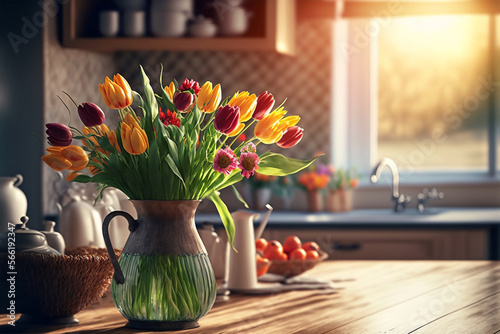 A vase of tulips on a wooden table in an kitchen full of sunshine. Bright kitchen interior background. Spring mood. Ai generated #566192347