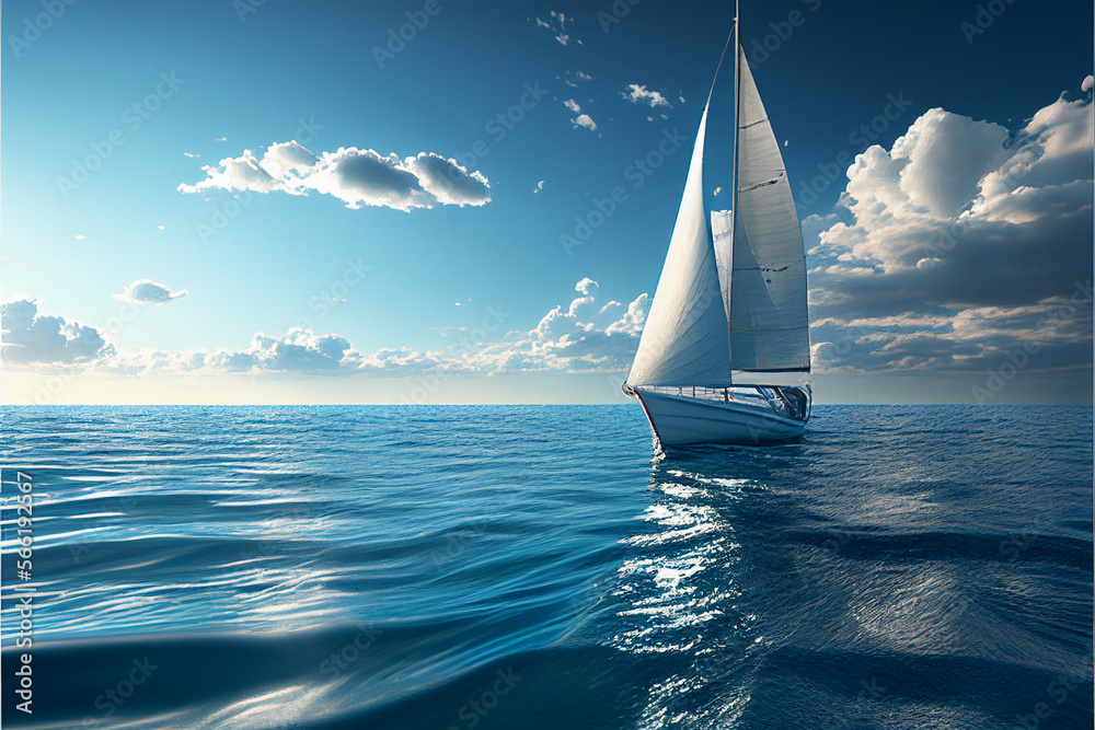 Sailing boat in the sea against the background of the azure sky. AI generated
