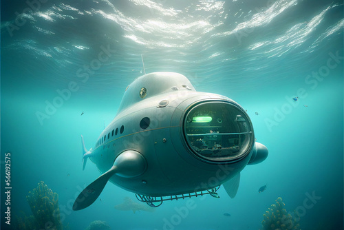 Scientific bathyscaphe underwater. AI generated photo