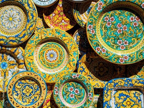 Sicilian colored and decorated plates 