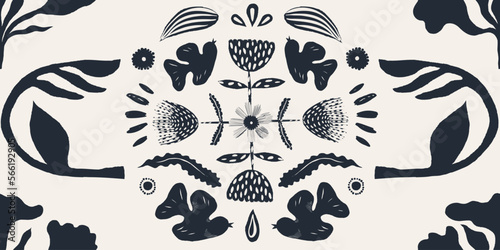Hand drawn abstract birds and flowers pattern. Collage contemporary print. Fashionable template for design. Ethnic style.