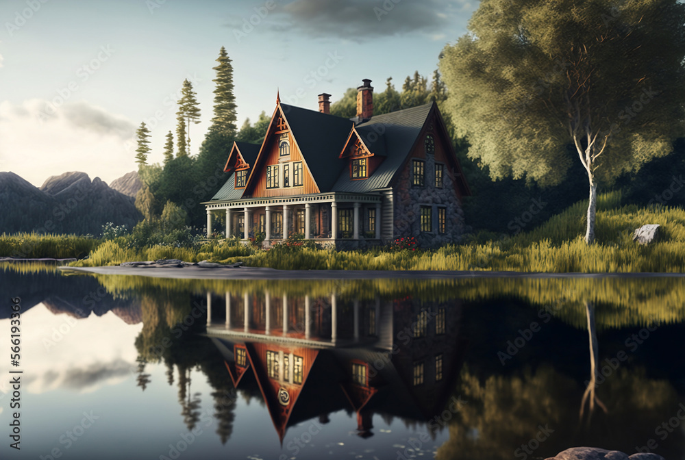 idyllic landscape with house near the lake