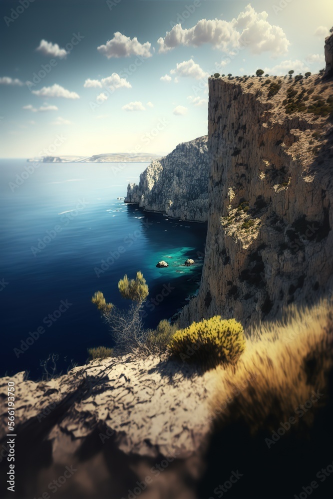 Calm sea, cliff landscape in a Mediterranean island - Generative AI image