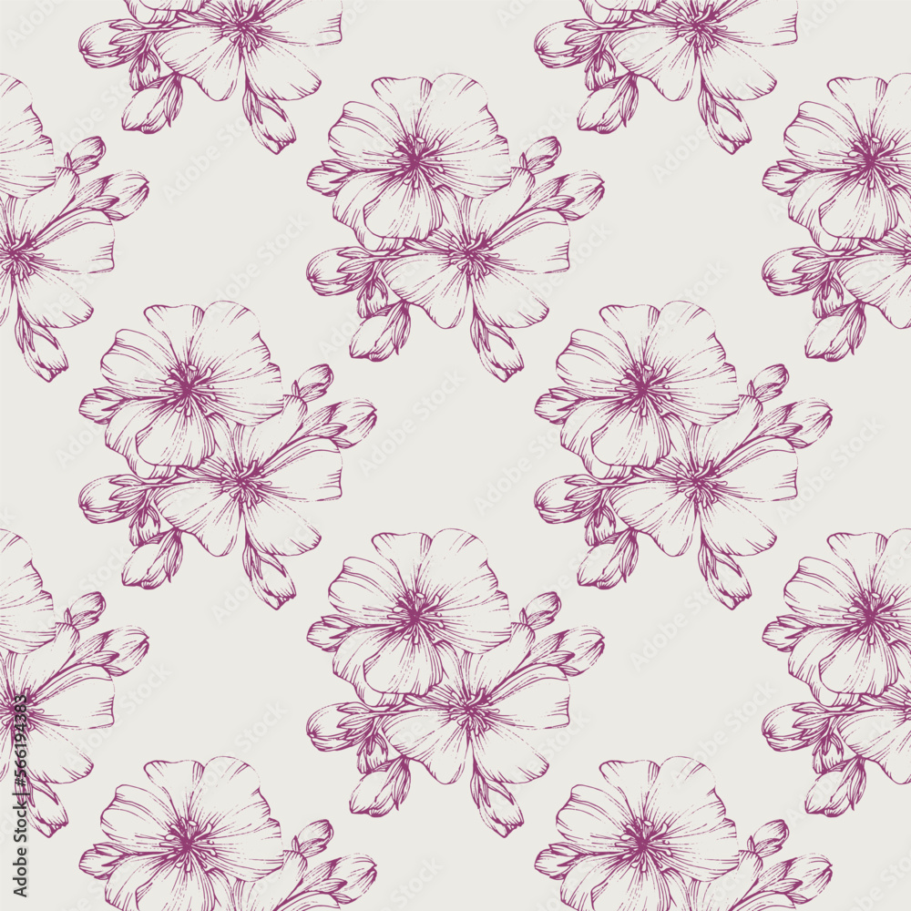 Wildflower Sakura flower pattern in a one line style. Sketch wild flower for background, texture, wrapper pattern, frame or border.