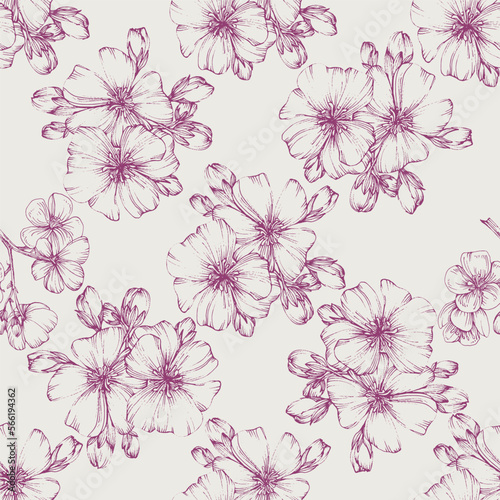 Wildflower Sakura flower pattern in a one line style. Sketch wild flower for background, texture, wrapper pattern, frame or border. © samiradragonfly