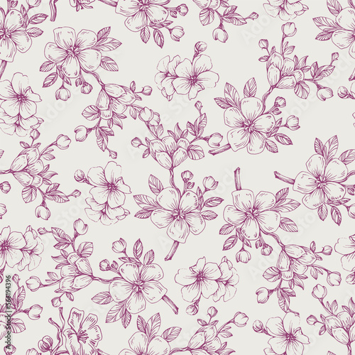 Wildflower Sakura flower pattern in a one line style. Sketch wild flower for background, texture, wrapper pattern, frame or border.
