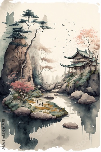 japanese landscape in watercolor with a fairy garden feel and a muted color palette - generative AI