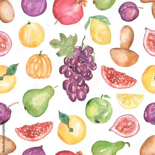 Fototapeta Naklejka Na Ścianę i Meble -  Watercolor autumn mood seamless pattern. Pumpkin, grapes, plum, pomegranate, mushrom, pear print. Fall harvest food print.