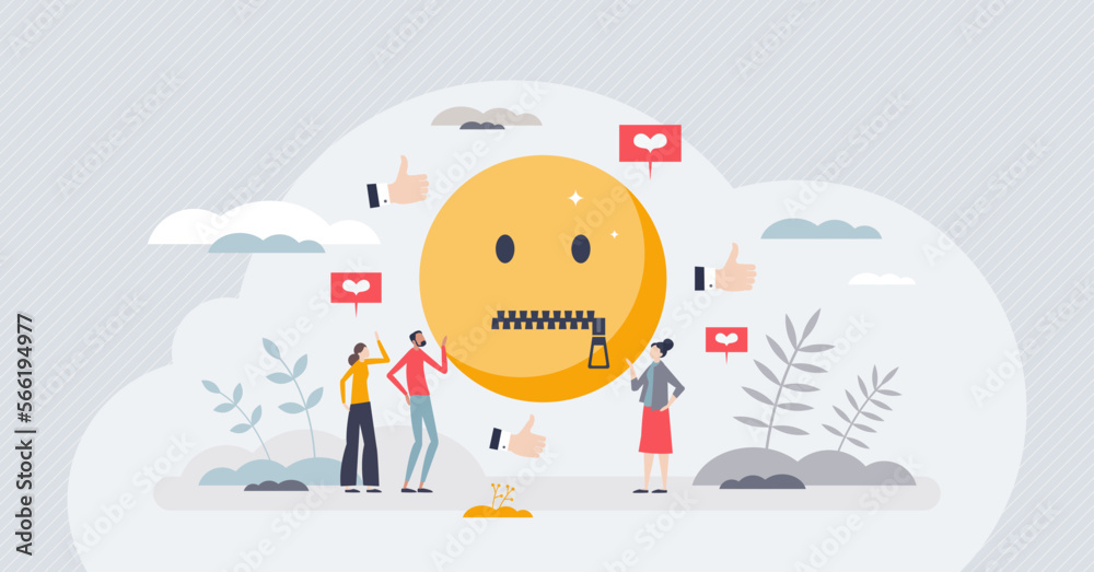 Social media censorship and free speech restriction tiny person concept. Opinion expression limitation with ban or mute on comments or article posts vector illustration. Cancel culture as closed mouth Social media censorship and free speech restriction tiny person concept. Opinion expression limitation with ban or mute on comments or article posts vector illustration. Cancel culture as closed mouth