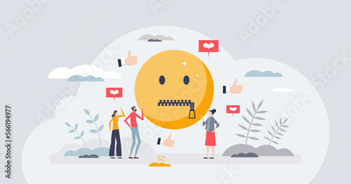 Social media censorship and free speech restriction tiny person concept. Opinion expression limitation with ban or mute on comments or article posts vector illustration. Cancel culture as closed mouth