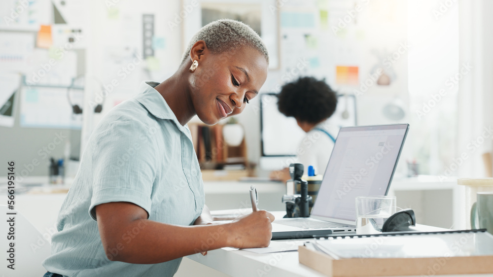 Black woman receptionist, writing notes or letter with laptop on table planning schedule, agenda memo or boss calendar. Entrepreneur, business and female brainstorming start up ideas in office.