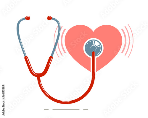 Stethoscope with heart vector simple icon isolated over white background, cardiology theme illustration or logo.