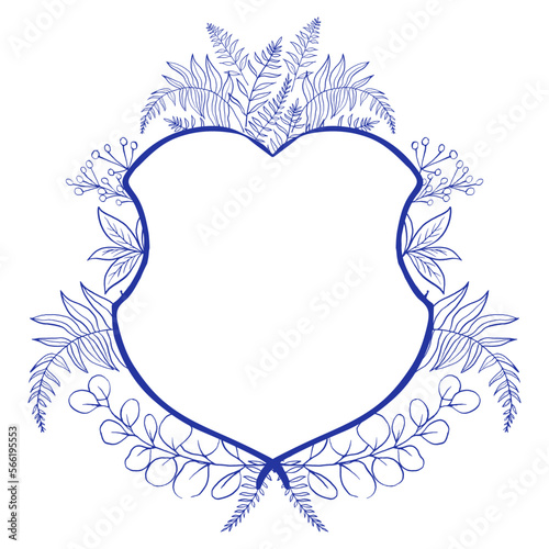 Blue and white wedding Crest template with herbs, eucalyptus and fern branches. Chinoiserie inspired.