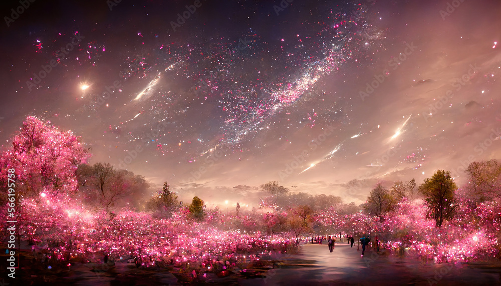 Sakura garden ethereal dreamy night landscape. Beautiful 4k wallpaper