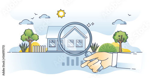 Home energy audit and house heating efficiency inspection outline concept. Insulation check for sustainable and nature friendly property condition evaluation vector illustration. Building diagnostic.