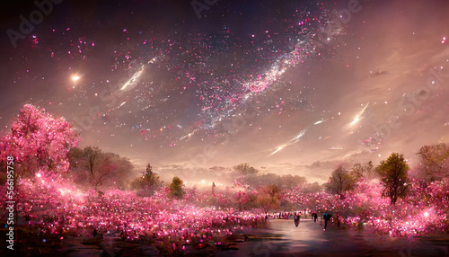 Sakura garden ethereal dreamy night landscape. Beautiful 4k wallpaper. AI
