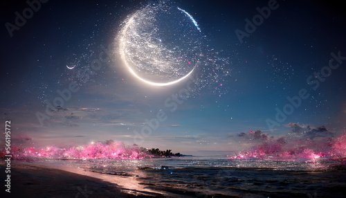 Fantasy landscape with glowing pink flowers and big moon. AI 