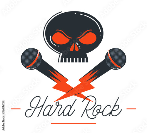 Hard rock and heavy metal emblem or logo vector flat style illustration isolated, microphone and dead scull composition, stylish music icon.