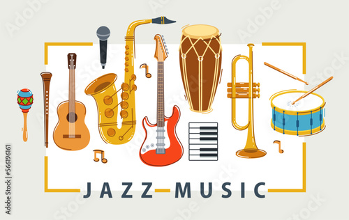Jazz music band poster different instruments vector flat illustration, live sound festival or concert advertising flyer or banner, play different instruments orchestra.
