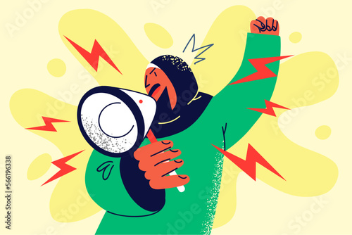 Mad woman in hijab shout in megaphone 