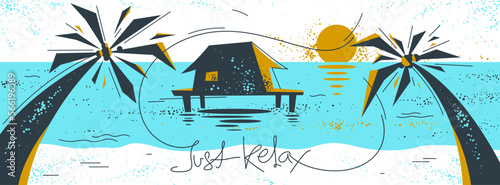 Summer tropical beach with palms and house vacations and holidays vector illustration, relaxation and rest, travel and tourism, ocean sunset.