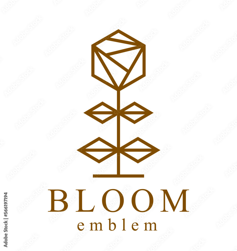 Geometric linear style vector flower logo or emblem isolated on white, sacred geometry floral symbol line drawing emblem, blossoming flower hotel or boutique or jewelry logotype.