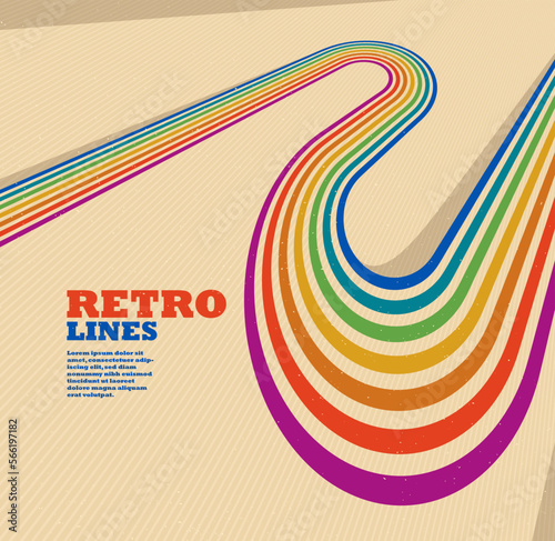 Retro style abstract background with curve lines in all colors of rainbow, 3D dimensional seventieth vector art.