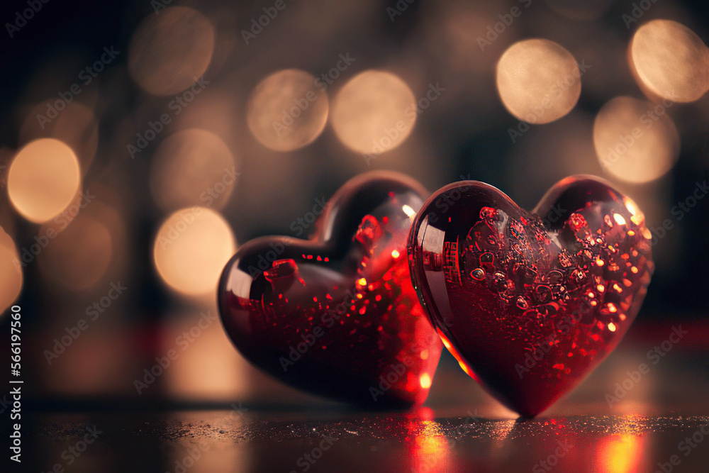 Beautiful red glittering hearts on a golden bokeh background, love, valentine, Generative AI Beautiful red glittering hearts on a golden bokeh background, love, valentine, Generative AI