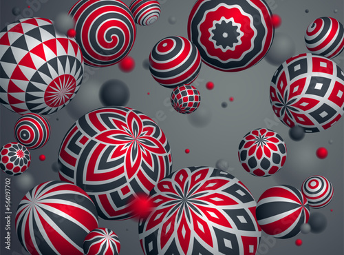 Abstract spheres vector background  composition of flying balls decorated with patterns  3D mixed variety realistic globes with ornaments  realistic depth of field effect.