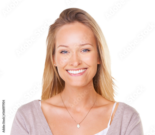 Closeup of a lovely young blonde woman smiling isolated on a PNG background.