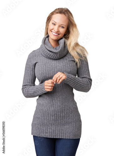 A fashionable young woman touching her hands and smiling sweetly at the camera isolated on a PNG background.