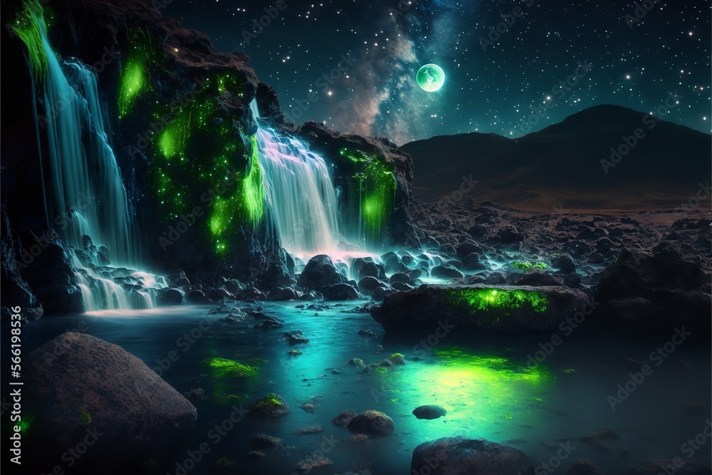 Natural waterfall with rocks and green moss in night. Generative Ai.