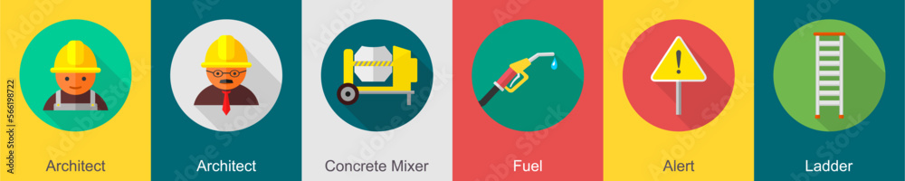 A set of 6 construction icons as architect, concrete mixer, fuel A set of 6 construction icons as architect, concrete mixer, fuel