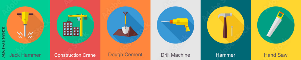 A set of 6 construction icons as jack hammer, construction crane, dough cement A set of 6 construction icons as jack hammer, construction crane, dough cement