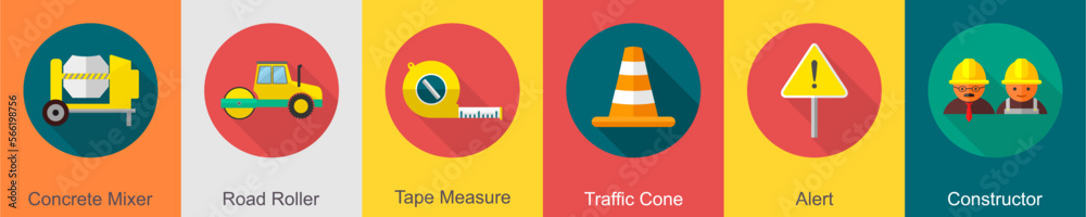 A set of 6 construction icons as concrete mixer, road roller, tape measure