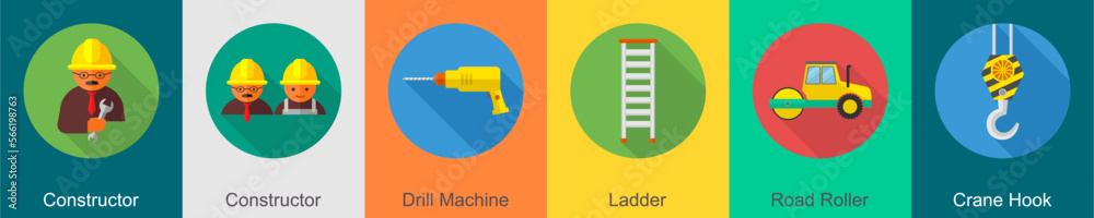 A set of 6 construction icons as constructor, drill machine, ladder