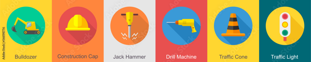 A set of 6 construction icons as bulldozer, construction cap, jack hammer A set of 6 construction icons as bulldozer, construction cap, jack hammer