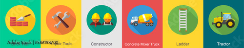 A set of 6 construction icons as brick wall, repair tools, constructor