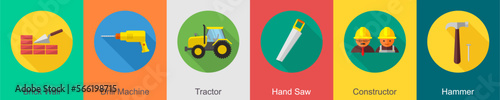 A set of 6 construction icons as brick wall, drill machine, hand saw