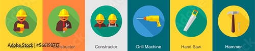 A set of 6 construction icons as architecture, constructor, drill machine