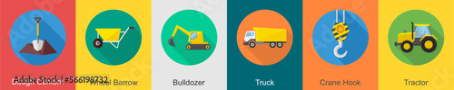 A set of 6 construction icons as dough cement, wheel barrow, bulldozer