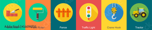 A set of 6 construction icons as brick wall, paint roller, fence
