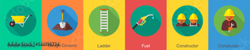 A set of 6 construction icons as wheel barrow, dough cement, ladder