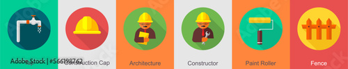 A set of 6 construction icons as tap, construction cap, architecture