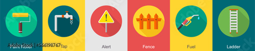 A set of 6 construction icons as paint roller, tap, alert