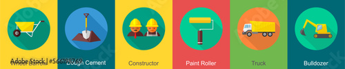 A set of 6 construction icons as wheel barrow, dough cement, constructor