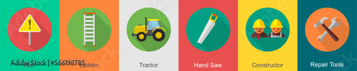 A set of 6 construction icons as alert, ladder, tractor, hand saw