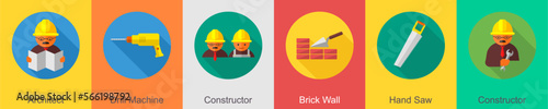 A set of 6 construction icons as architect, drill machine, constructor